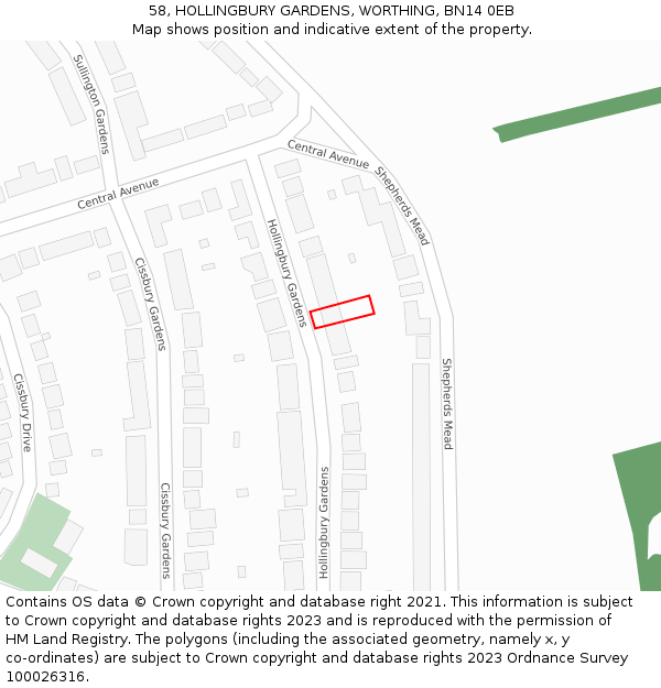 58, HOLLINGBURY GARDENS, WORTHING, BN14 0EB: Location map and indicative extent of plot