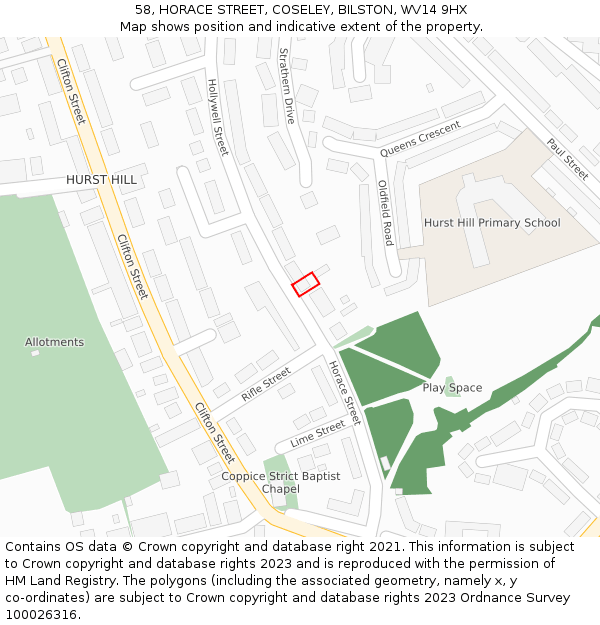 58, HORACE STREET, COSELEY, BILSTON, WV14 9HX: Location map and indicative extent of plot