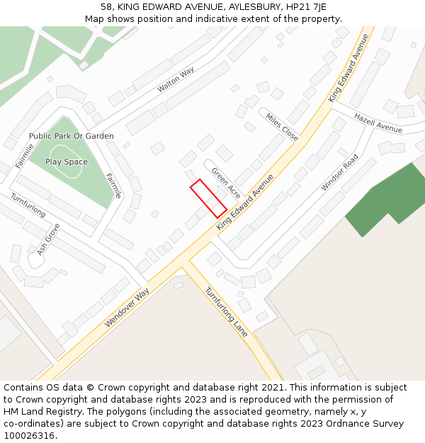 58, KING EDWARD AVENUE, AYLESBURY, HP21 7JE: Location map and indicative extent of plot