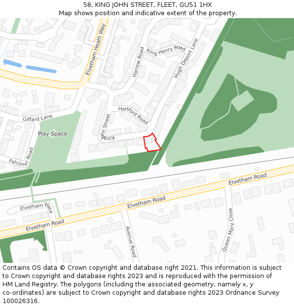 58, KING JOHN STREET, FLEET, GU51 1HX: Location map and indicative extent of plot