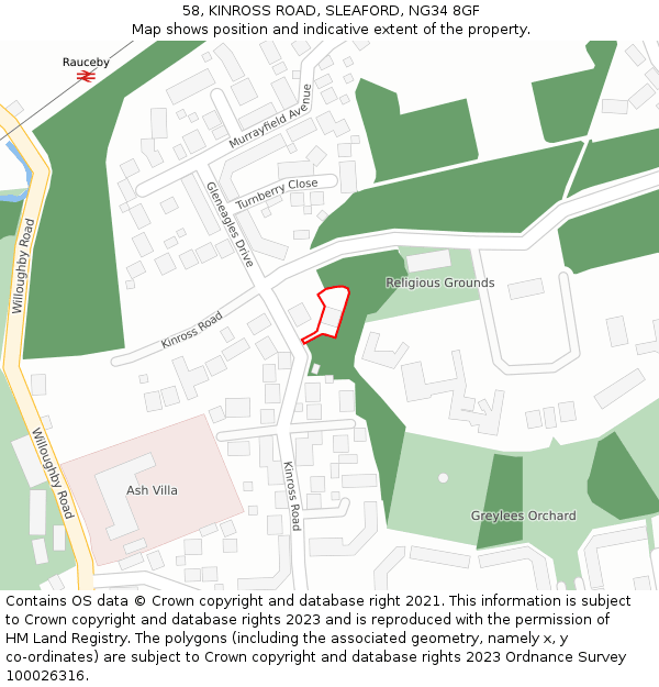 58, KINROSS ROAD, SLEAFORD, NG34 8GF: Location map and indicative extent of plot