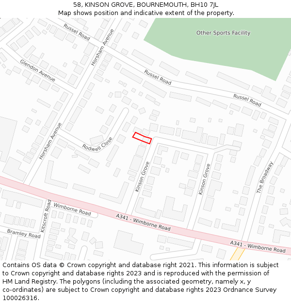 58, KINSON GROVE, BOURNEMOUTH, BH10 7JL: Location map and indicative extent of plot