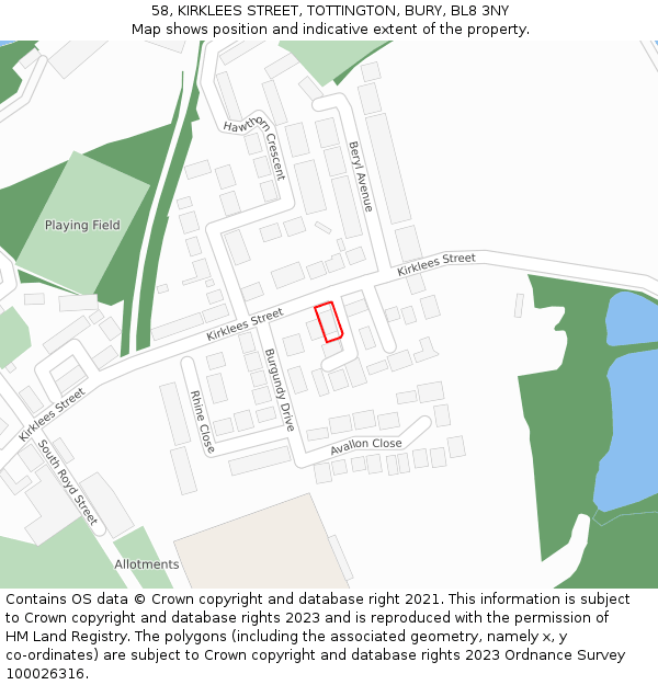 58, KIRKLEES STREET, TOTTINGTON, BURY, BL8 3NY: Location map and indicative extent of plot