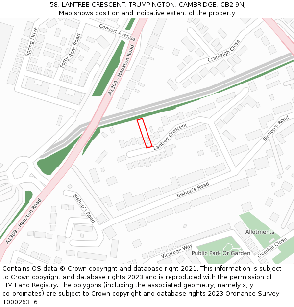 58, LANTREE CRESCENT, TRUMPINGTON, CAMBRIDGE, CB2 9NJ: Location map and indicative extent of plot