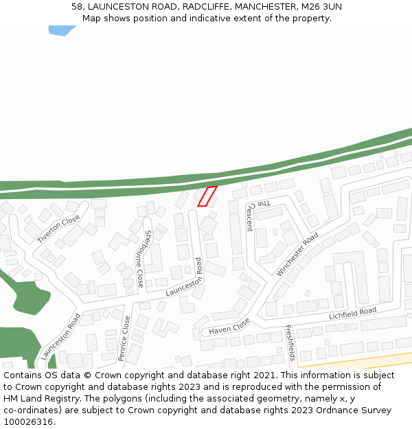 58, LAUNCESTON ROAD, RADCLIFFE, MANCHESTER, M26 3UN: Location map and indicative extent of plot