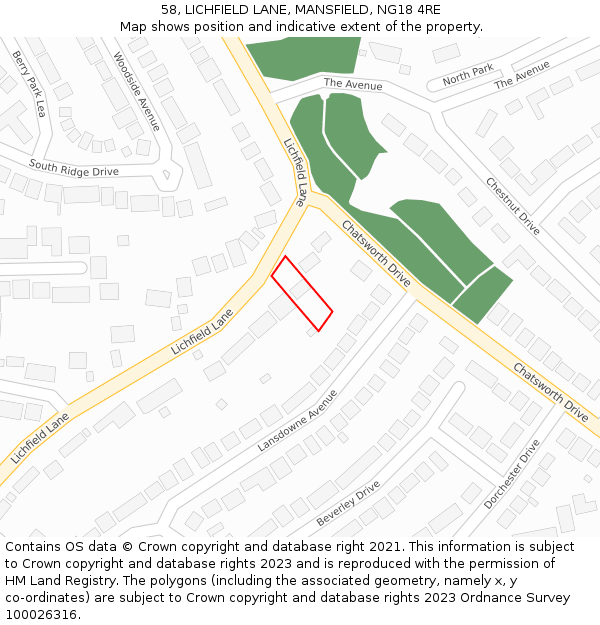 58, LICHFIELD LANE, MANSFIELD, NG18 4RE: Location map and indicative extent of plot