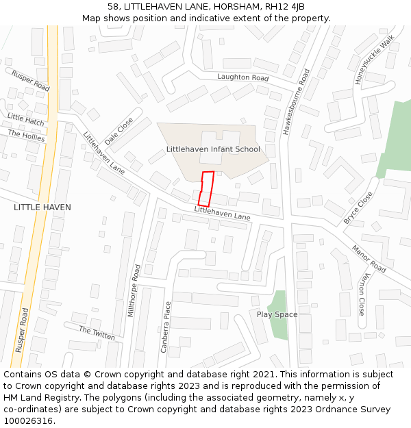 58, LITTLEHAVEN LANE, HORSHAM, RH12 4JB: Location map and indicative extent of plot