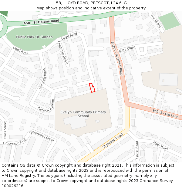58, LLOYD ROAD, PRESCOT, L34 6LG: Location map and indicative extent of plot