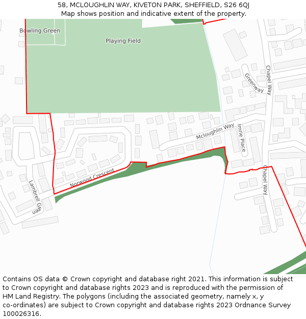 58, MCLOUGHLIN WAY, KIVETON PARK, SHEFFIELD, S26 6QJ: Location map and indicative extent of plot