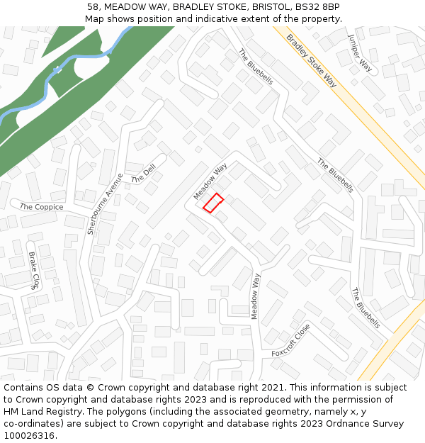 58, MEADOW WAY, BRADLEY STOKE, BRISTOL, BS32 8BP: Location map and indicative extent of plot