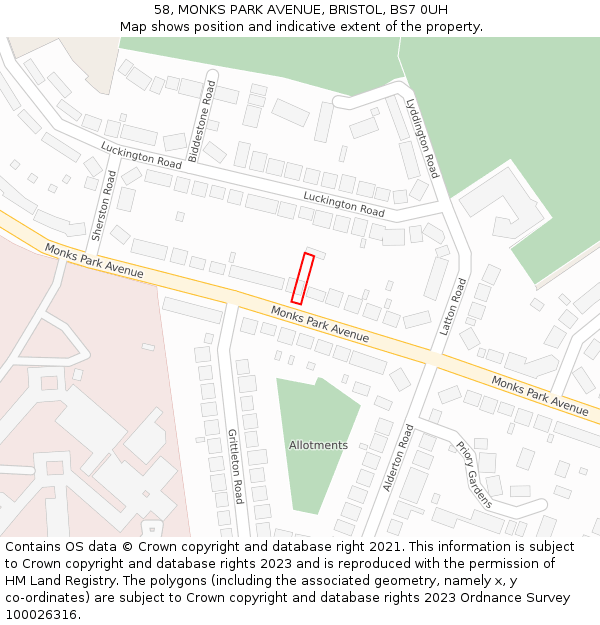 58, MONKS PARK AVENUE, BRISTOL, BS7 0UH: Location map and indicative extent of plot