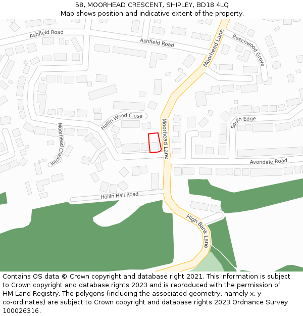 58, MOORHEAD CRESCENT, SHIPLEY, BD18 4LQ: Location map and indicative extent of plot