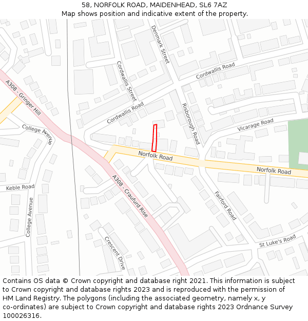 58, NORFOLK ROAD, MAIDENHEAD, SL6 7AZ: Location map and indicative extent of plot