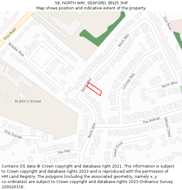 58, NORTH WAY, SEAFORD, BN25 3HP: Location map and indicative extent of plot
