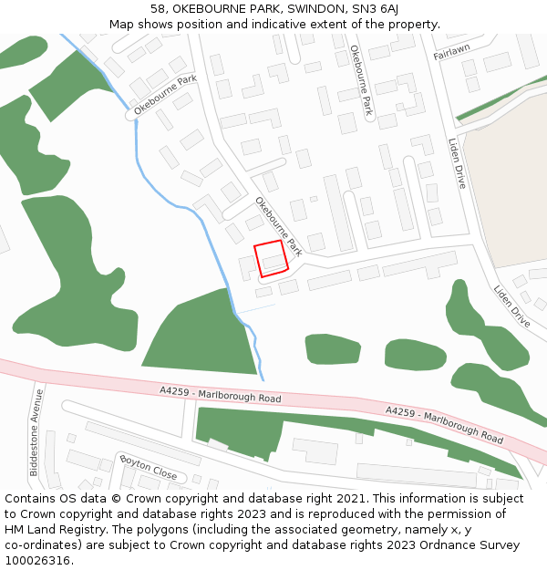 58, OKEBOURNE PARK, SWINDON, SN3 6AJ: Location map and indicative extent of plot