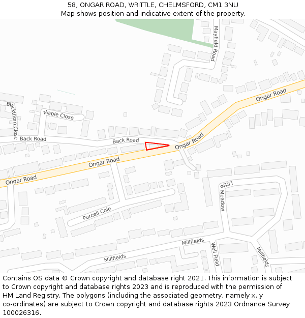 58, ONGAR ROAD, WRITTLE, CHELMSFORD, CM1 3NU: Location map and indicative extent of plot