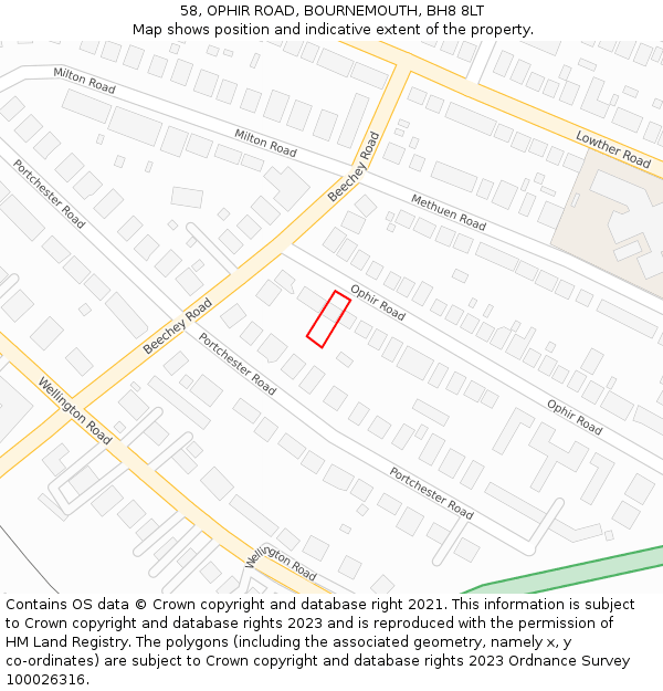 58, OPHIR ROAD, BOURNEMOUTH, BH8 8LT: Location map and indicative extent of plot