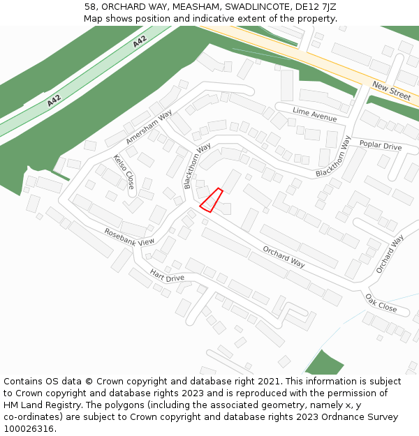 58, ORCHARD WAY, MEASHAM, SWADLINCOTE, DE12 7JZ: Location map and indicative extent of plot