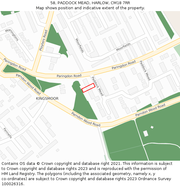 58, PADDOCK MEAD, HARLOW, CM18 7RR: Location map and indicative extent of plot