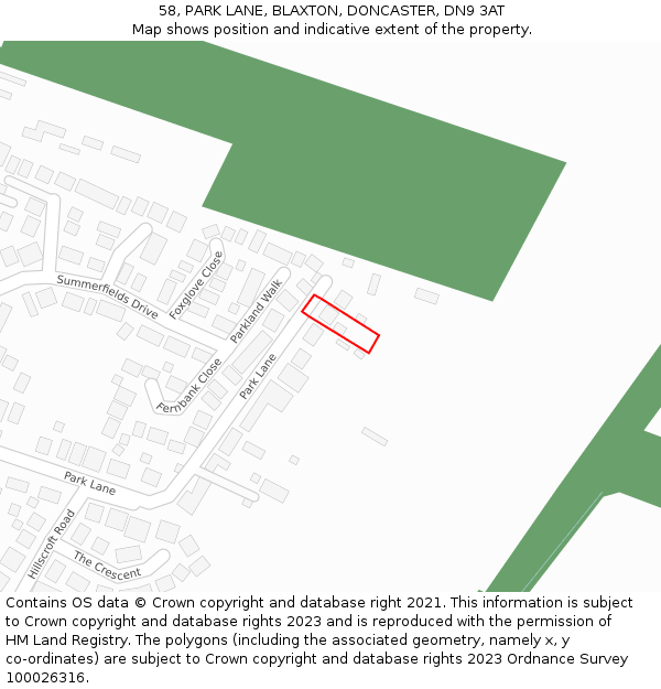 58, PARK LANE, BLAXTON, DONCASTER, DN9 3AT: Location map and indicative extent of plot