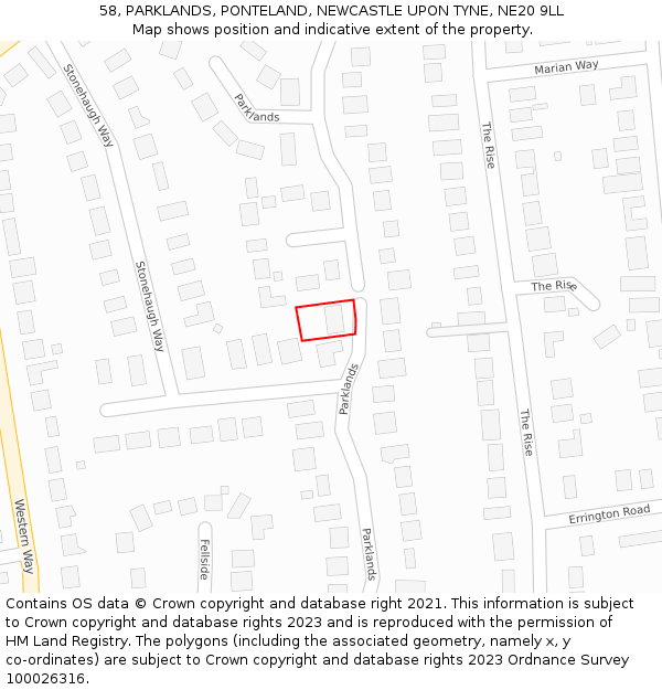 58, PARKLANDS, PONTELAND, NEWCASTLE UPON TYNE, NE20 9LL: Location map and indicative extent of plot