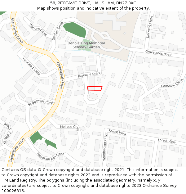 58, PITREAVIE DRIVE, HAILSHAM, BN27 3XG: Location map and indicative extent of plot