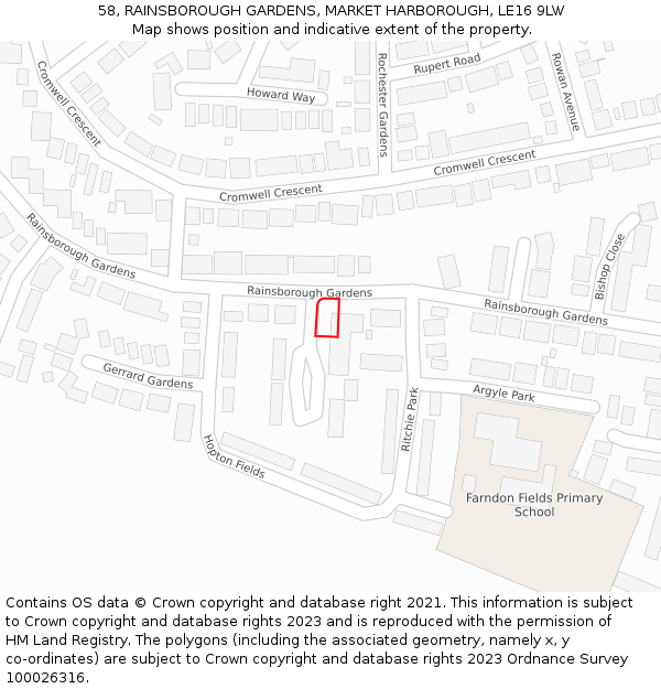 58, RAINSBOROUGH GARDENS, MARKET HARBOROUGH, LE16 9LW: Location map and indicative extent of plot