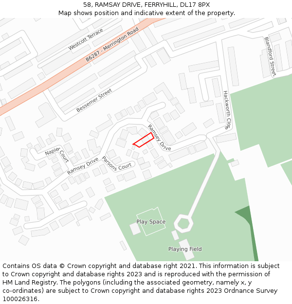58, RAMSAY DRIVE, FERRYHILL, DL17 8PX: Location map and indicative extent of plot