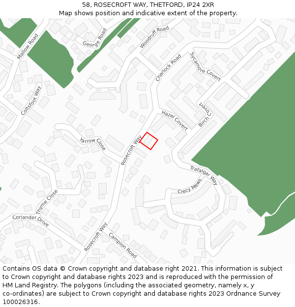 58, ROSECROFT WAY, THETFORD, IP24 2XR: Location map and indicative extent of plot