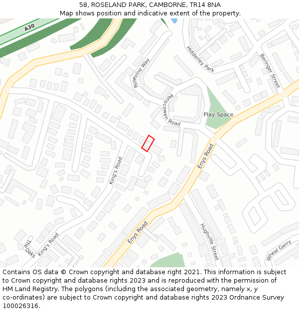 58, ROSELAND PARK, CAMBORNE, TR14 8NA: Location map and indicative extent of plot