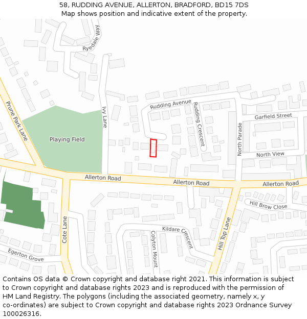 58, RUDDING AVENUE, ALLERTON, BRADFORD, BD15 7DS: Location map and indicative extent of plot
