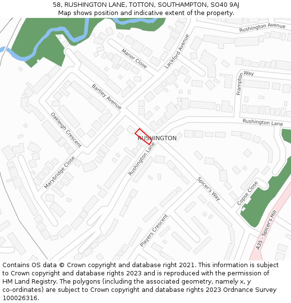 58, RUSHINGTON LANE, TOTTON, SOUTHAMPTON, SO40 9AJ: Location map and indicative extent of plot