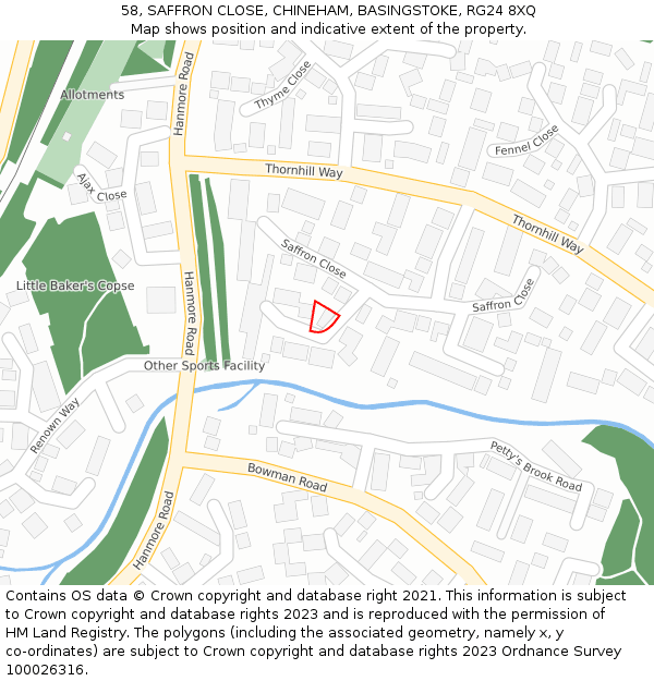 58, SAFFRON CLOSE, CHINEHAM, BASINGSTOKE, RG24 8XQ: Location map and indicative extent of plot