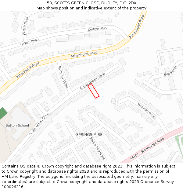 58, SCOTTS GREEN CLOSE, DUDLEY, DY1 2DX: Location map and indicative extent of plot