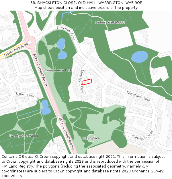 58, SHACKLETON CLOSE, OLD HALL, WARRINGTON, WA5 9QE: Location map and indicative extent of plot