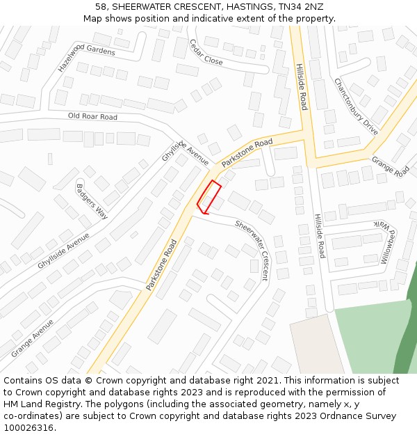 58, SHEERWATER CRESCENT, HASTINGS, TN34 2NZ: Location map and indicative extent of plot