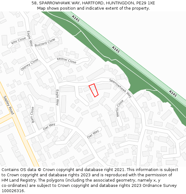 58, SPARROWHAWK WAY, HARTFORD, HUNTINGDON, PE29 1XE: Location map and indicative extent of plot