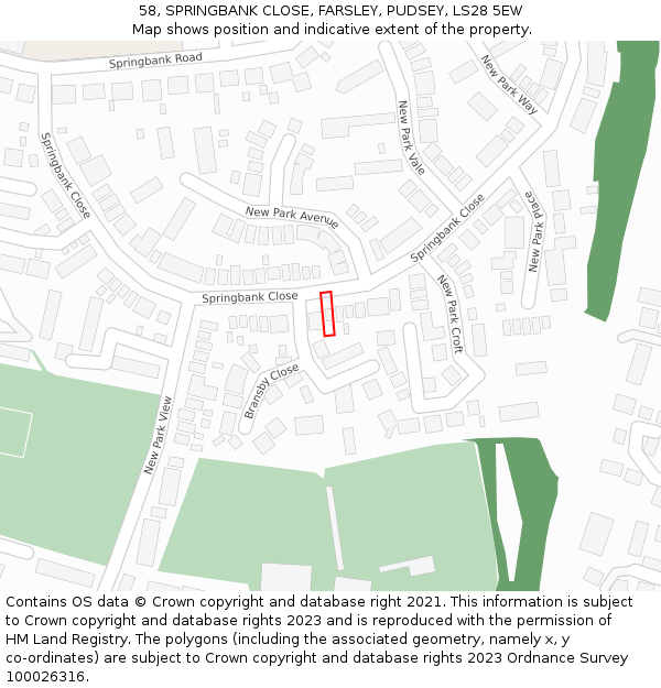 58, SPRINGBANK CLOSE, FARSLEY, PUDSEY, LS28 5EW: Location map and indicative extent of plot