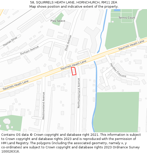 58, SQUIRRELS HEATH LANE, HORNCHURCH, RM11 2EA: Location map and indicative extent of plot