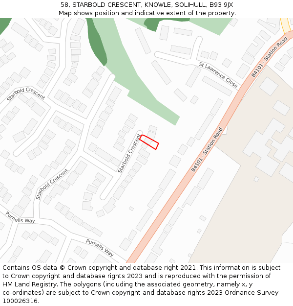 58, STARBOLD CRESCENT, KNOWLE, SOLIHULL, B93 9JX: Location map and indicative extent of plot