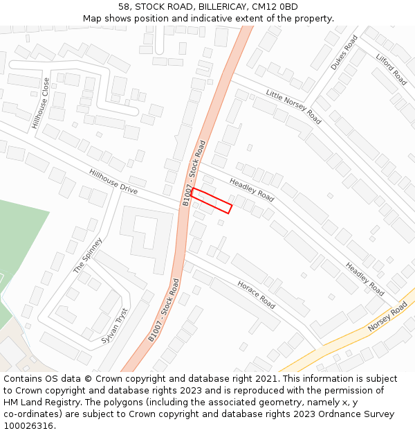 58, STOCK ROAD, BILLERICAY, CM12 0BD: Location map and indicative extent of plot