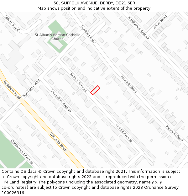 58, SUFFOLK AVENUE, DERBY, DE21 6ER: Location map and indicative extent of plot