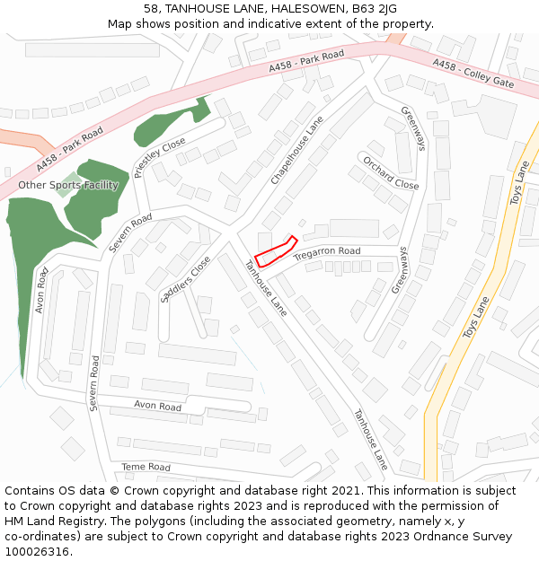 58, TANHOUSE LANE, HALESOWEN, B63 2JG: Location map and indicative extent of plot