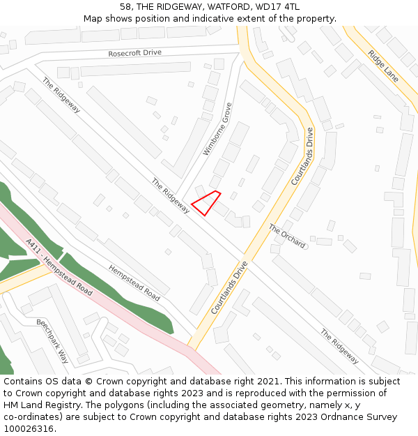58, THE RIDGEWAY, WATFORD, WD17 4TL: Location map and indicative extent of plot