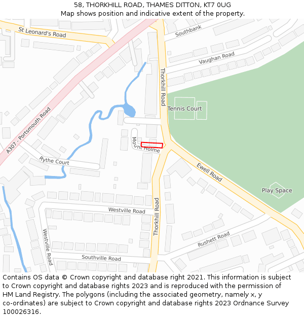 58, THORKHILL ROAD, THAMES DITTON, KT7 0UG: Location map and indicative extent of plot