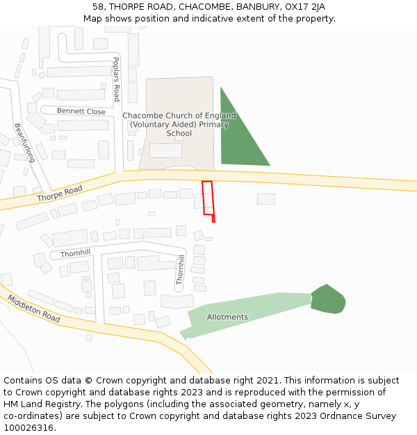 58, THORPE ROAD, CHACOMBE, BANBURY, OX17 2JA: Location map and indicative extent of plot