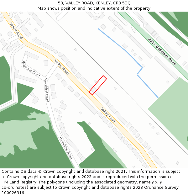 58, VALLEY ROAD, KENLEY, CR8 5BQ: Location map and indicative extent of plot