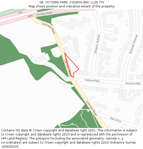 58, VICTORIA PARK, COLWYN BAY, LL29 7YY: Location map and indicative extent of plot