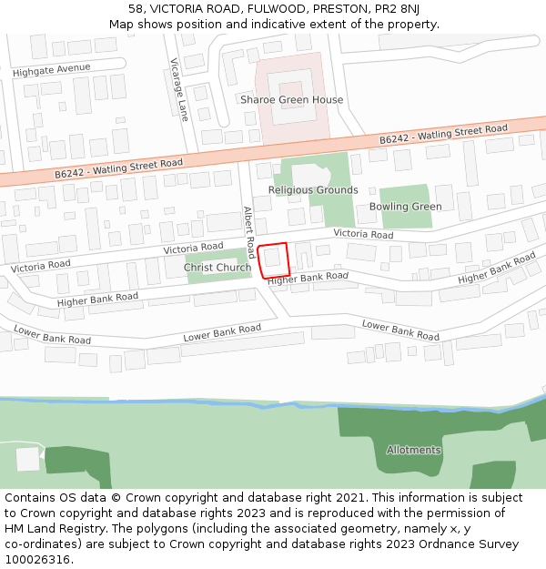 58, VICTORIA ROAD, FULWOOD, PRESTON, PR2 8NJ: Location map and indicative extent of plot