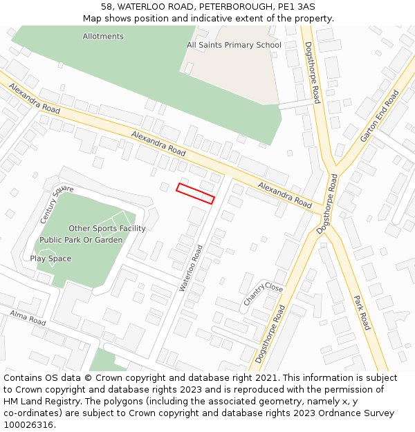 58, WATERLOO ROAD, PETERBOROUGH, PE1 3AS: Location map and indicative extent of plot